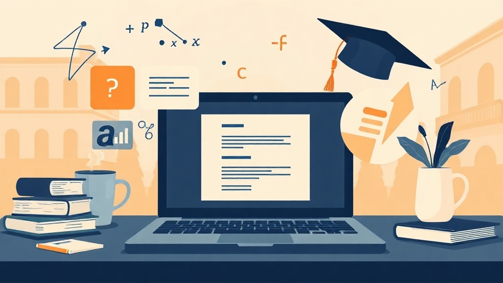 A productive academic workspace illustration with note-taking, study elements, and a laptop
