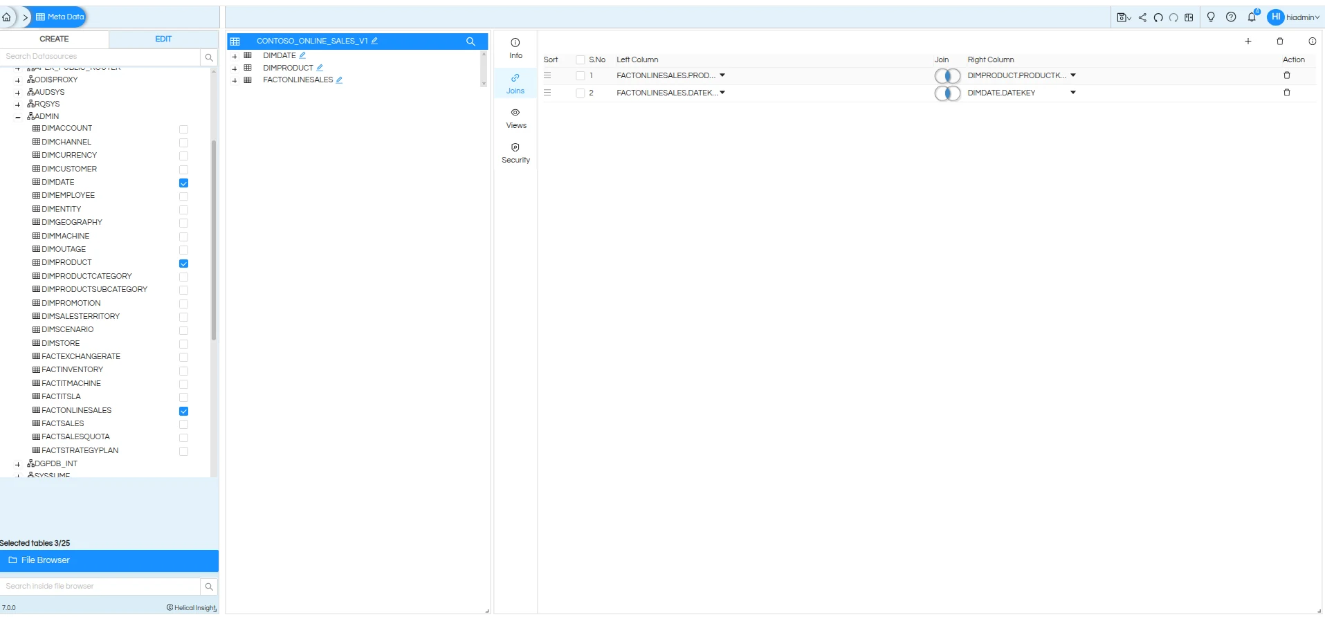 Helical Metadata with three selected Contoso tables and two explicit joins.